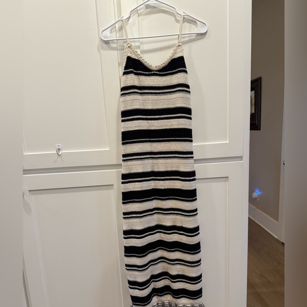 Black & cream hand woven striped crochet women's spaghetti strap dress Sz medium